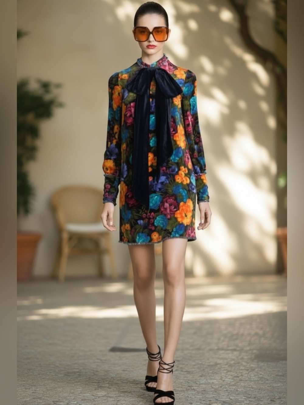 Gucci Multicolor Floral Velvet Dress With Jeweled Trim And Navy Velvet Bow - Picture 10 of 11